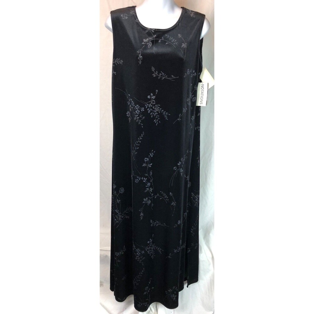 Vtg Notations Sleeveless Midi Dress M Blk Velour Velvet Floral Glam Gothic Fairy